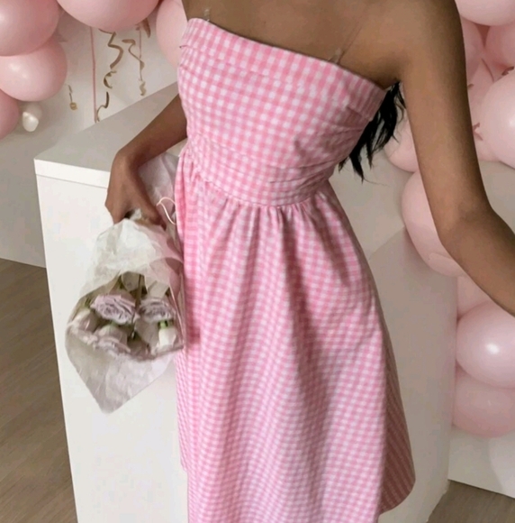 Women Valentine's Day Pink Plaid Print Slant Pocket Tube Longline Dress - Picture 3 of 4